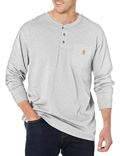 Men's Loose Fit Heavyweight Long-Sleeve Pocket Henley T-Shirt, Heather Grey, S