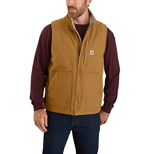 Men's Loose Fit Washed Duck Sherpa-Lined Mock-Neck Vest,  Brown, XL