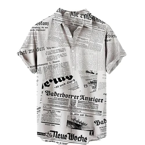 Mens Loose Shirt Newspaper 3D Printed Short Sleeve Shirts Summer Regular Button Casual Blouse Top Be