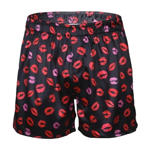 Mens Love Heart Print Christmas Shorts Loose Sports Pants Underwear Summer Silk Satin Boxers Black&Lip Print X-Large