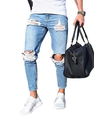 Mens Low Rise Ripped Slim Fit Stretch Skinny Distressed Jeans Light Blue 3XL