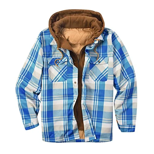 Men's Lumberjack Jacket Clearance, Warm Plaid Flannel Shirts Quilted Lined Flannel Jacket with Hood Men Padded Work Shirt Long Sleeve Fleece Checked Jackets Mens Twill Shirt Plus Size S-3XL