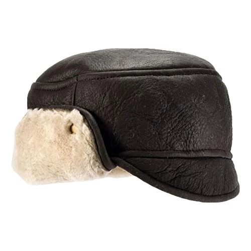 Men's Luxury Leather & Sheepskin Peaked Cap (as8, Alpha, s, m) Brown