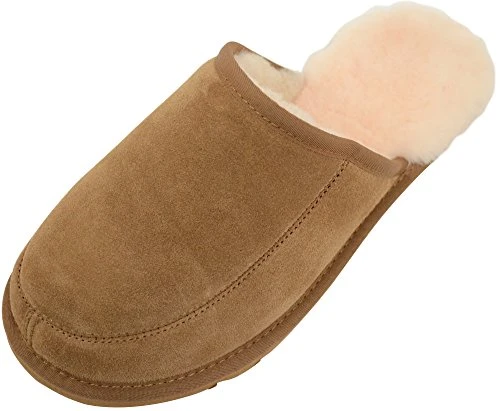 Mens Luxury Sheepskin Mule Slipper with Light Weight Sole - Chestnut (UK 4)