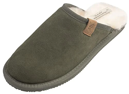 Men's Luxury Sheepskin Mule Slippers in Olive Size UK10