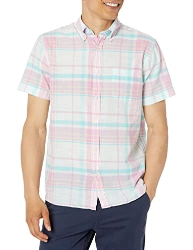 Men's Madras Sport Shirt Short Sleeve Button, Pastel Multi, Large