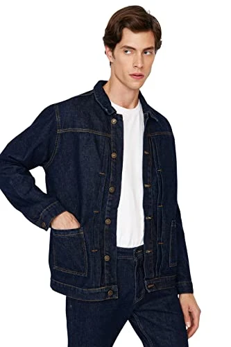 Men's Man Regular fit Basic Lapel Collar Denim Jacket, Dark Navyblue, L