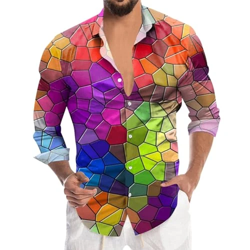 Mens Mardi Sequin Fashion Digital 3D Printed Long Sleeve Lapel Button Down Shirt Top Exchange Men (R