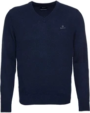 Men's MD. Extrafine Lambswool V-Neck Pullover Sweater, Marine, S