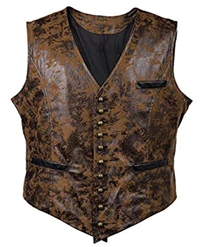 Men's Medieval Style Button Vest Vintage Leather Slim Gilet Cowboy Costume Role Play Brown