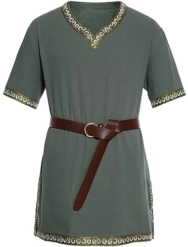 Mens Medieval Tunic Renaissance Costume for Men Long Cosplay Halloween Fancy Dress Top Army Green L Cotton Linen Short Sleeve Pirate Knight T Shirt Vintage V Neck Belted Warrior Viking Larp Tops