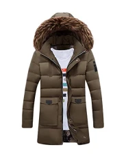 Men's Medium Length Quilted Jacket Thicken Puffer Jacket Padded Jacket with Hood Khaki L