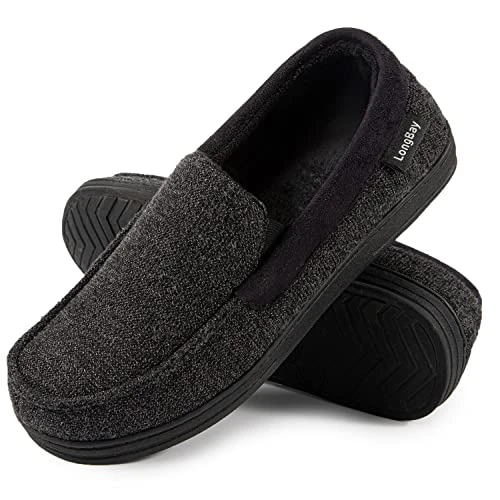 Men's Memory Foam Moccasin Slippers Comfy Plush Fleece House Slipper in Indoor Outdoor Shoes Black,9