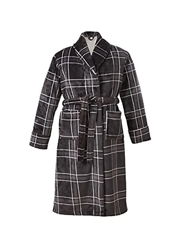 Men's  Mens Printed Check Fleece Dressing Gown Robe Sherpa Reverse Small 36 38 Charcoal, Charcoal Grey, S UK