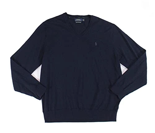 Mens Merino Wool V-Neck Sweater - blue - Large