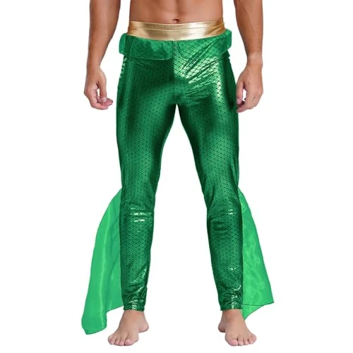 Mens Mermaid Pants King of The Seas Costume Metallic Shiny Tights Leggings for Halloween Cosplay Green XL