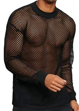 Men’s Mesh See Through Shirts Sheer Transparent Club Party Casual Top Undershirts, Black-fishnet, 3XL