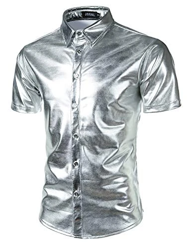 Mens Metallic Shiny Nightclub Styles Short Sleeves Button Down Dress Shirts X-Large A316 Silver