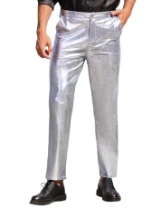 Mens Metallic Shiny Pants Disco Pants 70s Party Dance Night Club Pants Straight Leg Trousers, 01-luxurious Silver, X-Large