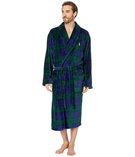 mens Microfiber Plush Long Sleeve Shawl Collar Robe, Blackwatch Plaid/Basic Gold Pony Print, Large/X-Large