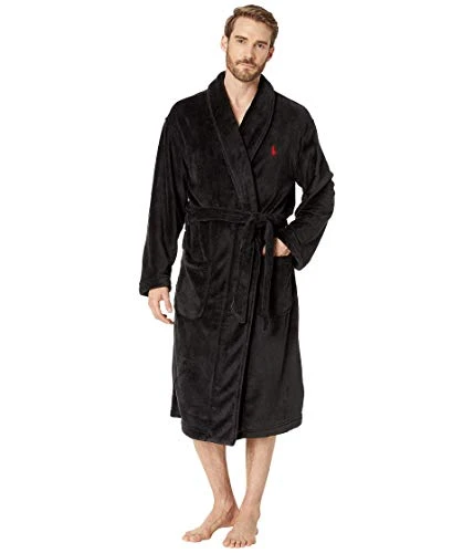 mens Microfiber Plush RobeBathrobe, Black, L-X-L