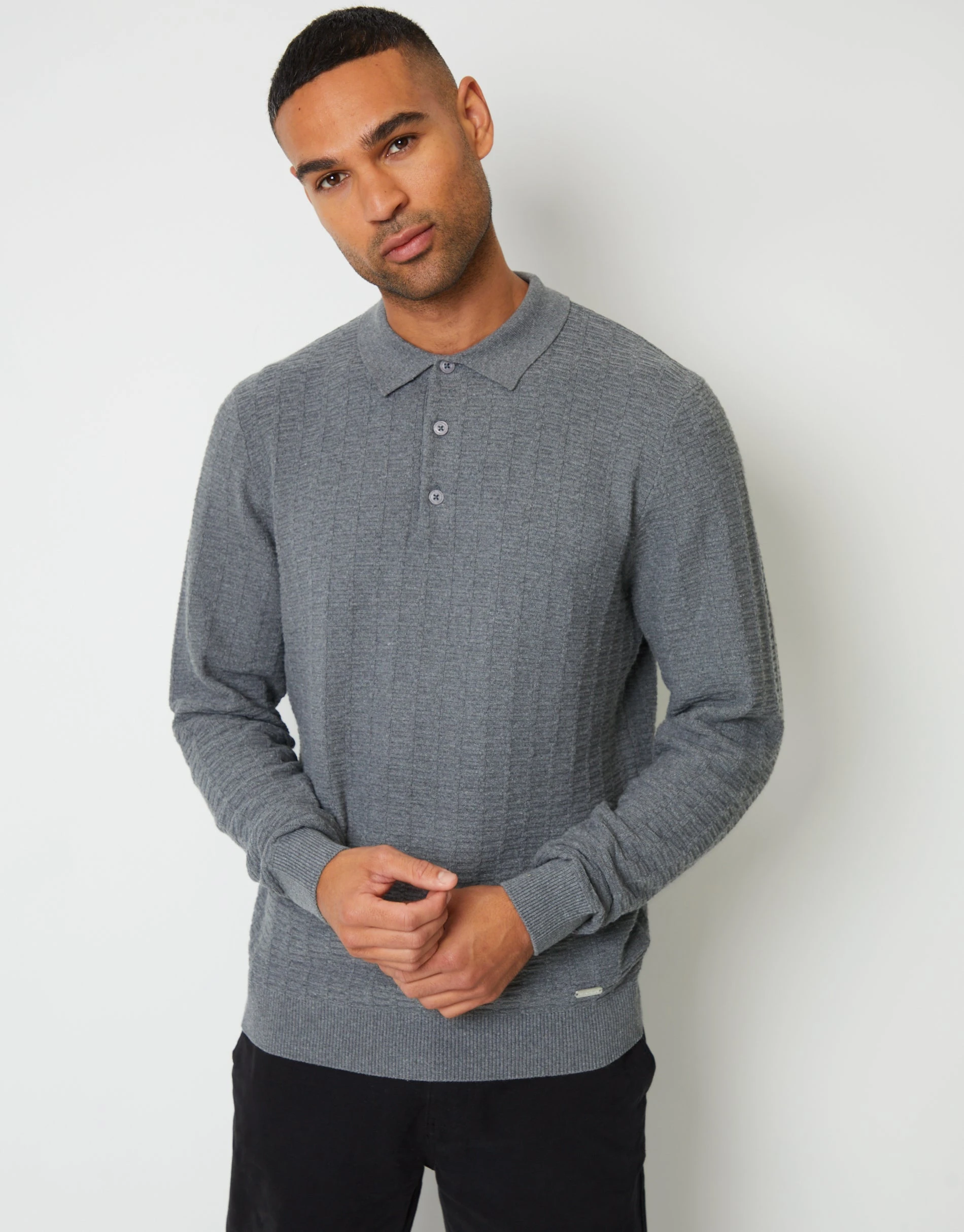 Men's Mid Grey Marl Long Sleeve Textured Knitted Polo Jumper