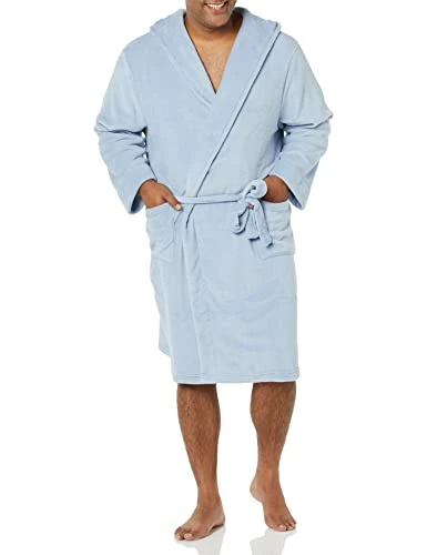 Men's Mid-Length Plush Dressing Gown, Dusty Blue, XS-S