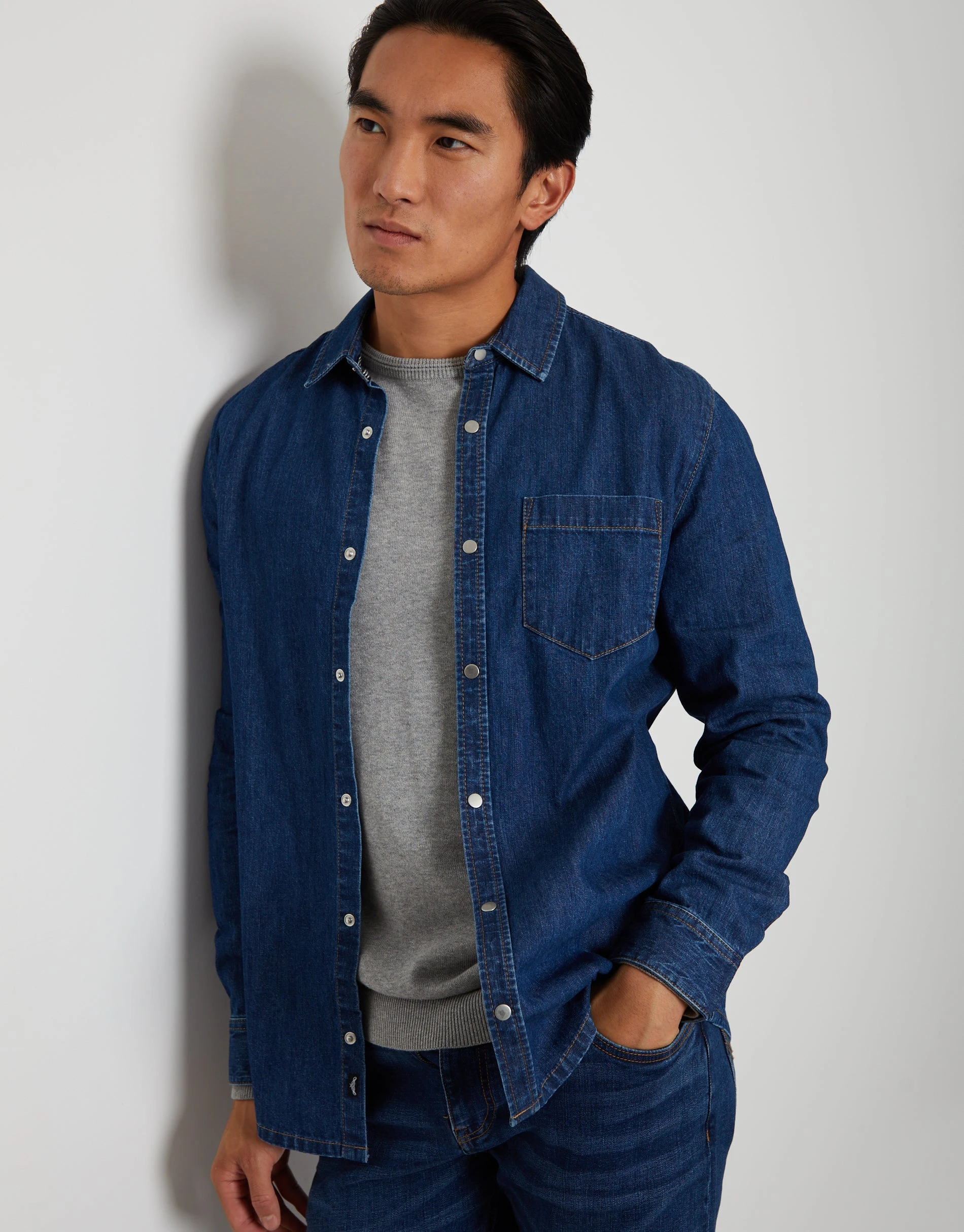 Men's Mid Wash Denim Long Sleeve Shirt