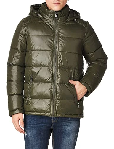 Men's Mid-Weight Puffer Jacket with Removable Hood, Deep Olive Green, L