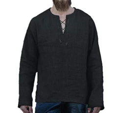 Men's Middle Eastern Style V-Neck Lace Up Linen Shirts Retro Solid Color Long Sleeve Shirts Black