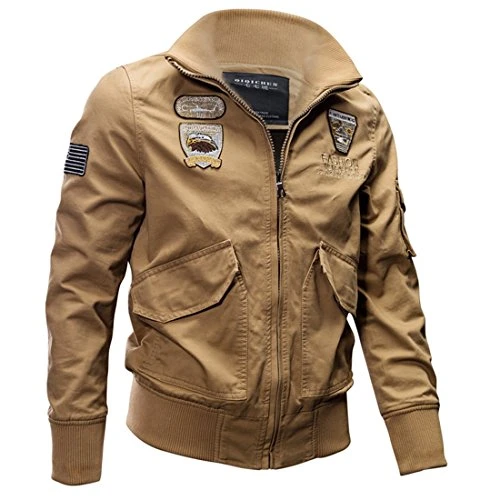 Mens Military Bomber Cargo Jacket with Zip Pockets Brownn Medium