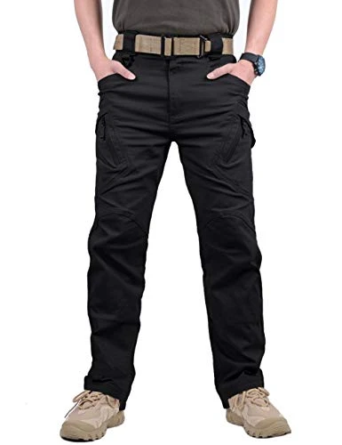 Mens Military Trousers Cotton Ripstop Cargo Tactical Pants with Elastic Waistband Black 34