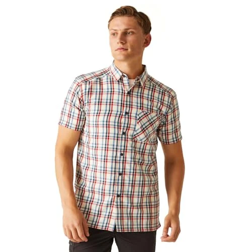 Men's Mindano VIII Short Sleeve Shirt, Danger Red/Coronet Blue Check, S