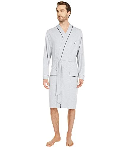 Mens Mini Terry Kimono Robe, Andover Heather/Cruise Navy Piping/Pony Player, L-X-L