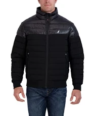 Men's Mixed Media Quilted Bomber Jacket Water Resistant Long Sleeve Zip Up Coat, Black, M Men's Mixed Media Quilted Bomber Jacket Water Resistant Long Sleeve Zip Up Coat, Black, M