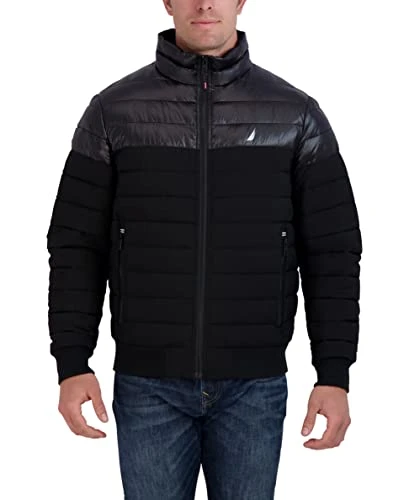 Men's Mixed Media Quilted Bomber Jacket Water Resistant Long Sleeve Zip Up Coat, Black, M
