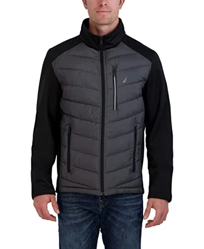 Men's Mixed Media Softshell Jacket Long Sleeve Quilted Coat, Heather Grey, S