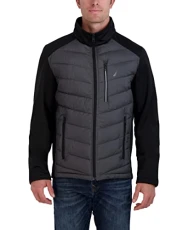 Men's Mixed Media Softshell Jacket Long Sleeve Quilted Coat, Heather Grey, S