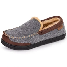 Men’s Moccasin Slippers Memory Foam Warm House Shoes Indoor Outdoor Rubber Sole（11UK,Grey