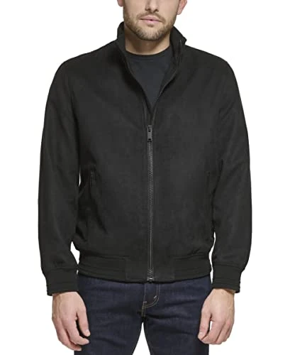 Men's Modern Knit Collar Bomber Jacket, Black Microsuede, L (Pack of 30)