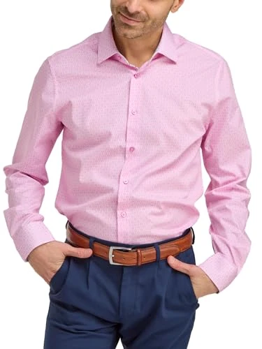 Men's Moroccan Print Shirt Cotton Classic Fit Formal Business Dress Shirt - Pink, 17.5in Collar