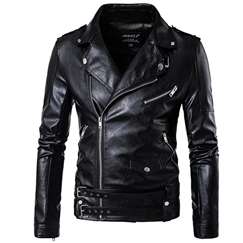 Mens Motorcycle Biker Jacket Double Belts Leather Jacket Black XL