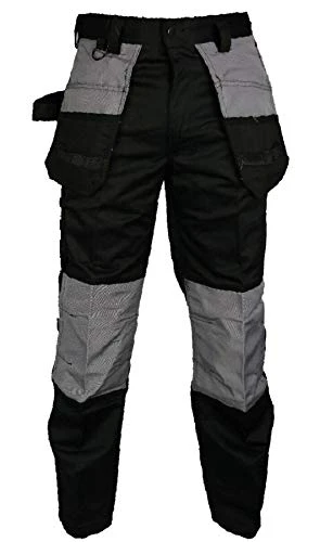 Mens Multi Pocket 2 Tone Combat Working Trouser Adults Hard Wearing Outdoor Pants Black 48W/29L