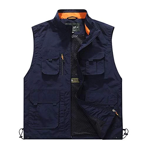Mens Multi-Pocket Gilet Photography Vest Waistcoat Sleeveless Outdoor Fishing Jacket Dark Blue 4XL