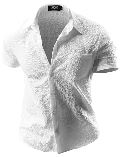 Men's Muscle Fit Textured Dress Shirts Casual Button Down Short Sleeve Shirt Athletic Fit Summer Haw