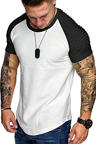 Men's Muscle T-Shirt Pleated Raglan Sleeve Bodybuilding Gym Tee Short Sleeve Fashion Workout Shirts Hipster Shirt, Pattern3 (White & Black), S