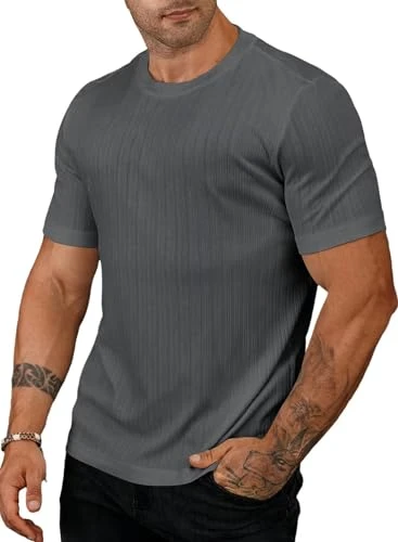 Mens Muscle T Shirts Short Sleeve Slim Fit Stretch Bodybuilding Workout Ribbed Knit Tee Shirts, Dark Gray, Large