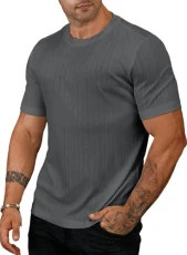 Mens Muscle T Shirts Short Sleeve Slim Fit Stretch Bodybuilding Workout Ribbed Knit Tee Shirts, Dark Gray, Large