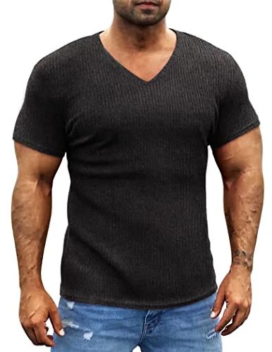 Men's Muscle T Shirts Stretch Short Sleeve V Neck Bodybuilding Workout Tee Shirts Schwarz XL