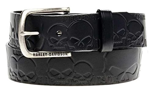 Men's Muscle Up Skull Belt Black Leather HDMBT10614 - Black -